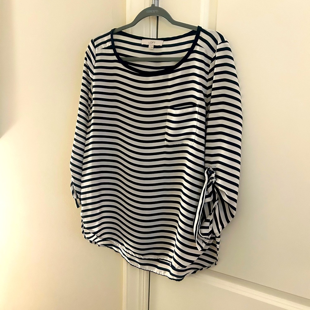 Striped navy and white silk blouse